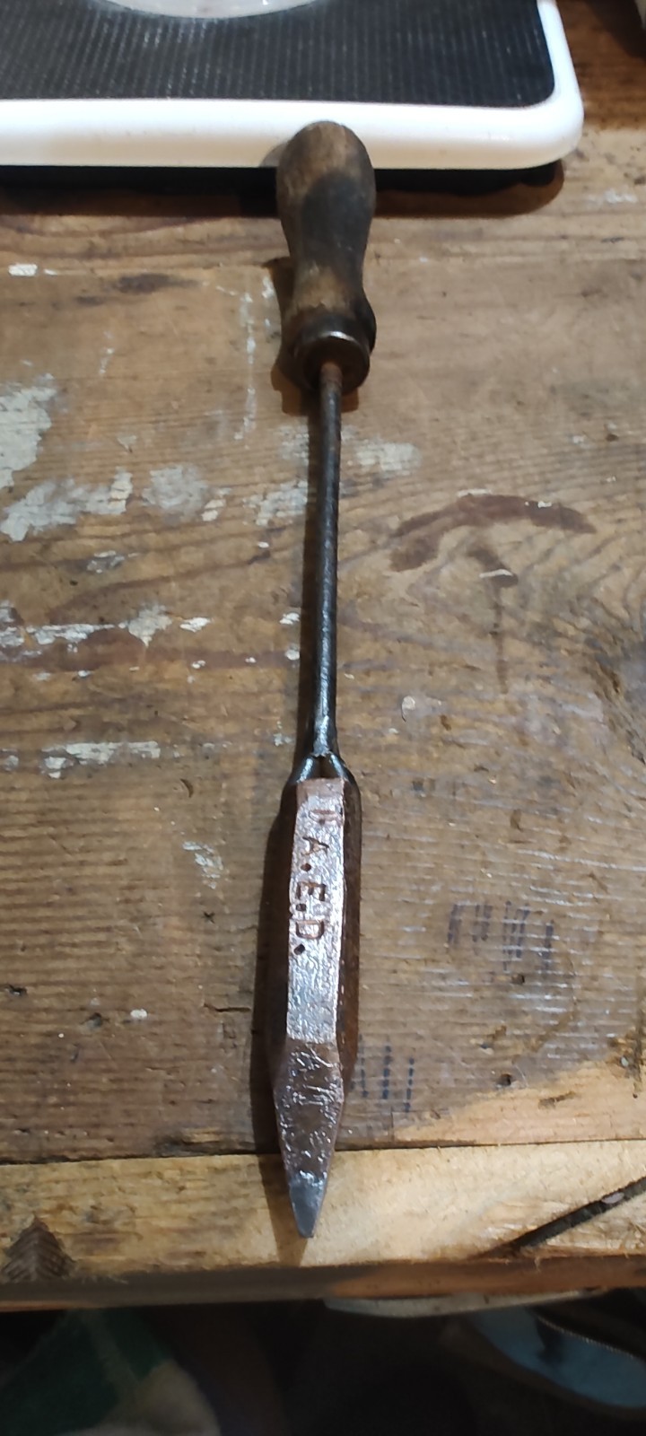 Soldering iron, flame heated copper tip with wood handle,  Initial D.A.E .D