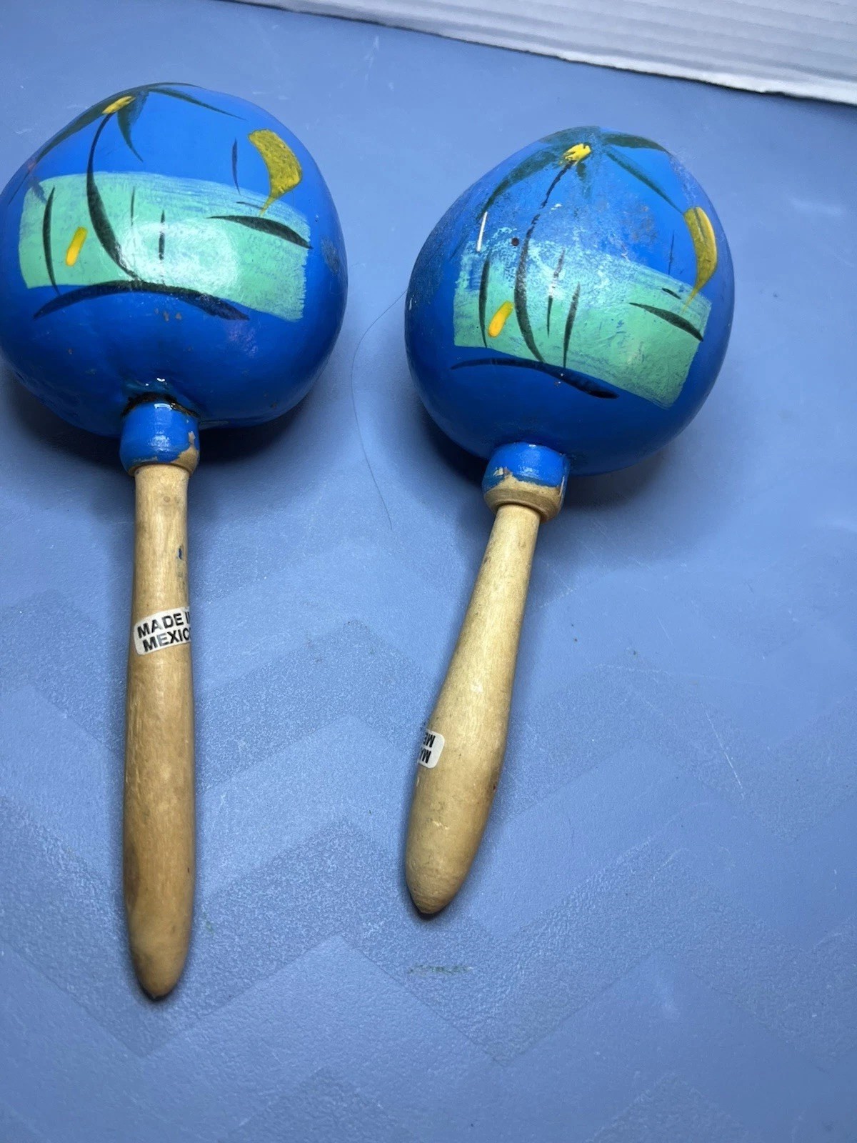 Vintage Pair Hand Painted Gourd Maracas Mexico Souvenir Authentic 7 inches