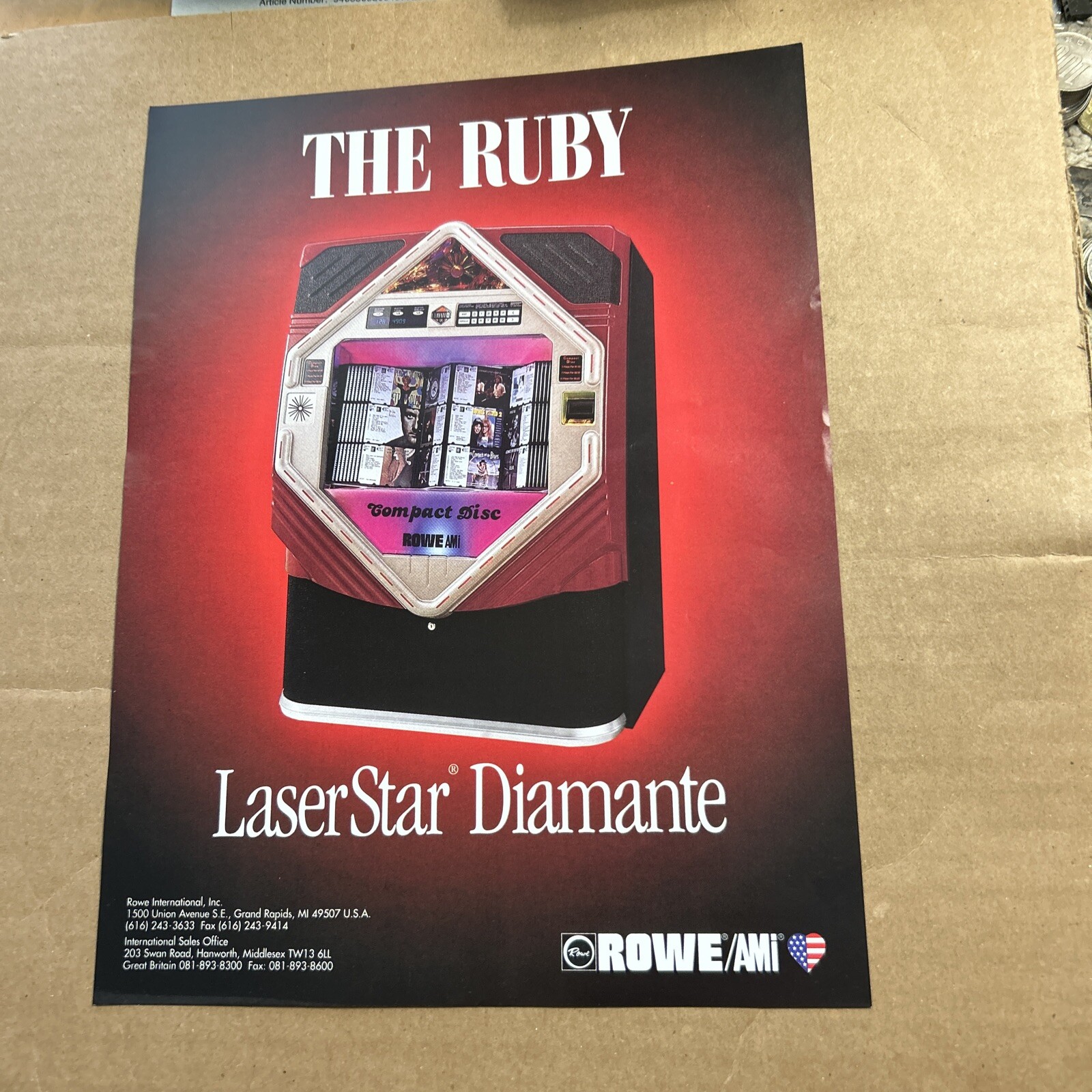 original Ad 11-8" Rowe Jukebox FLYER Laserstar The Ruby Diamante