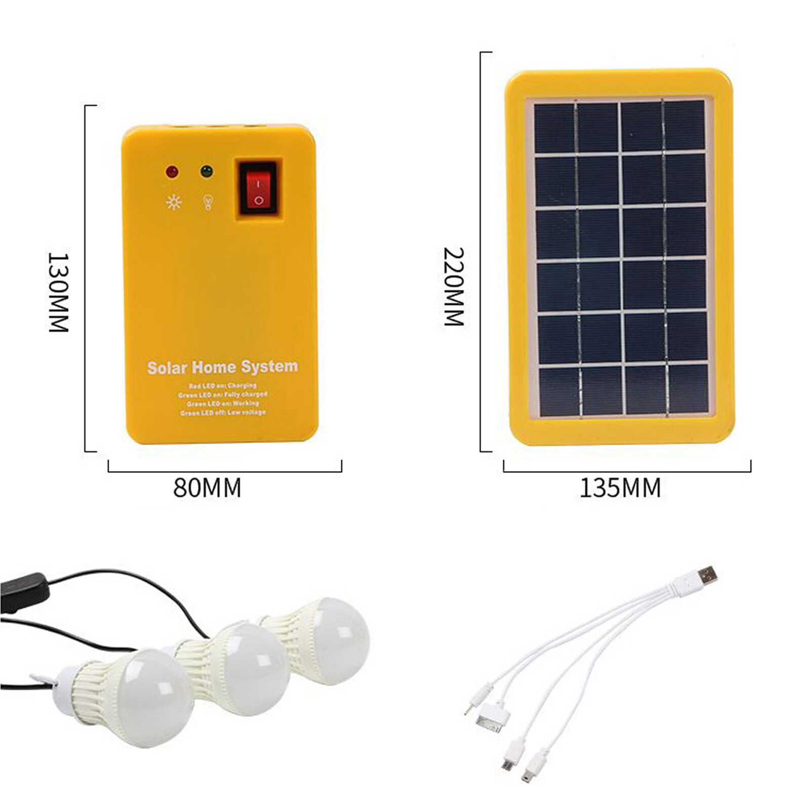Solar Power Panel Generator Kit 5V USB Home System Charger 3 LED Bulbs Light