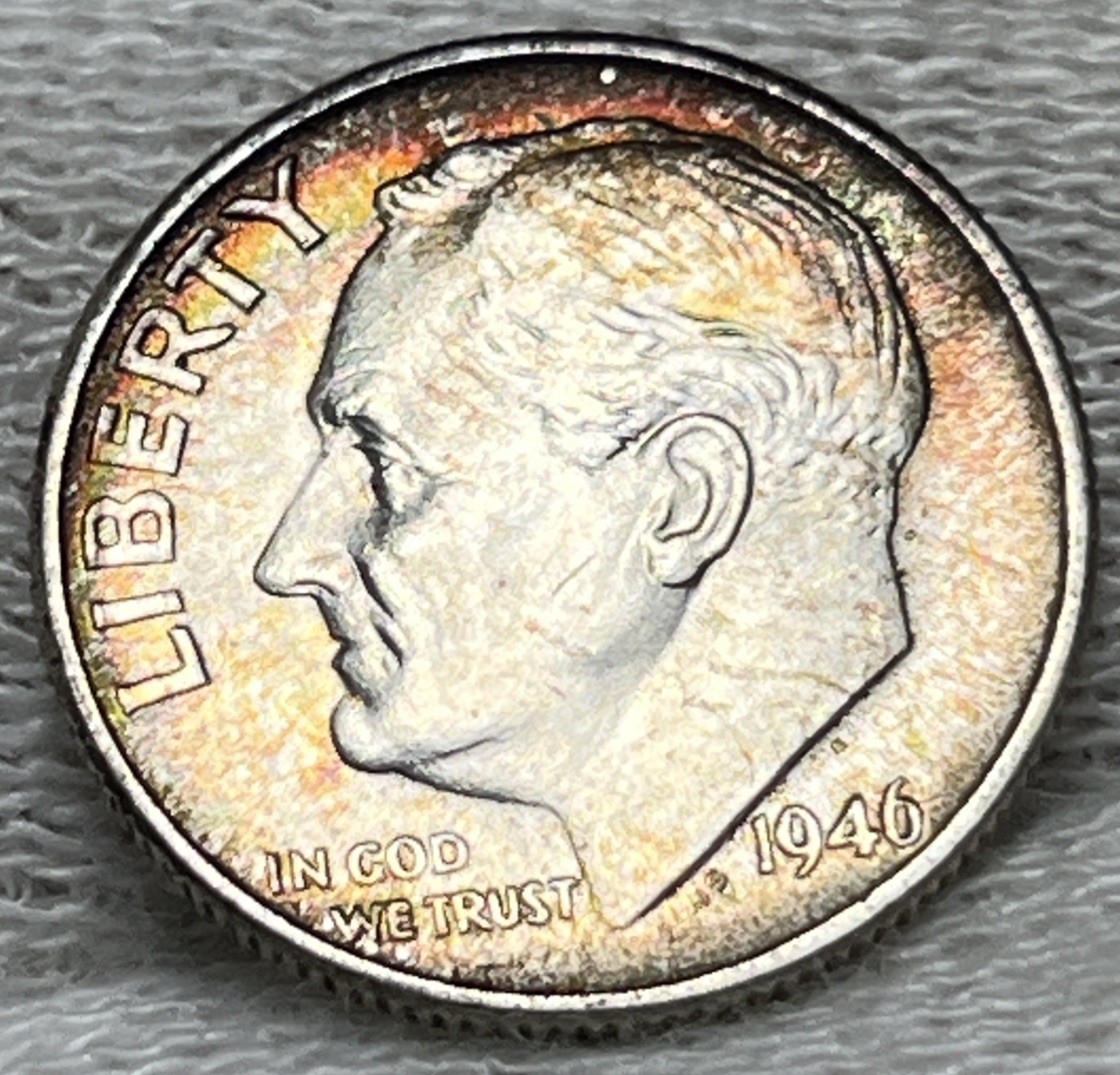 1946 Roosevelt Silver Dime Rainbow Toning Uncirculated #3
