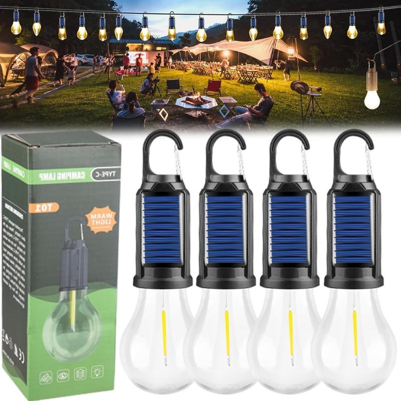 Solar LED Camping Bulb Type-C Recharge IPX4 Waterproof Hook for Hiking Emergency