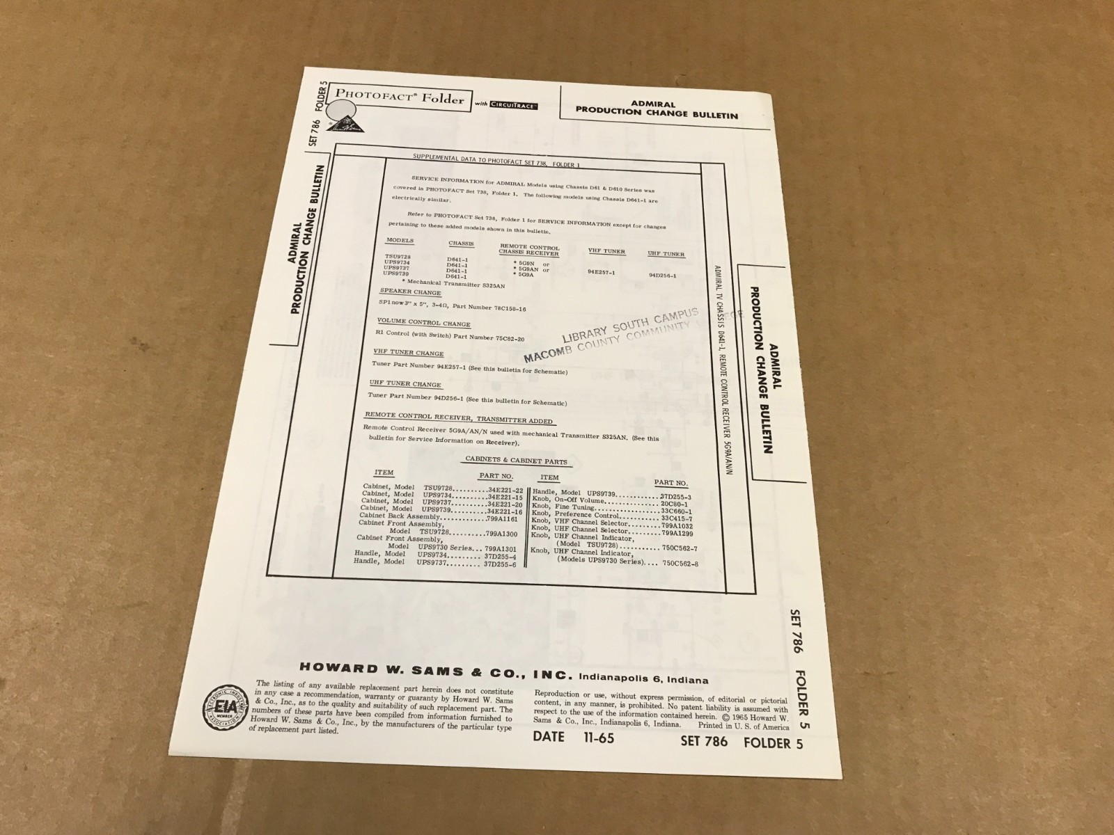 VTG Photofact Folder - 786 - Admiral Production Change Bulletin