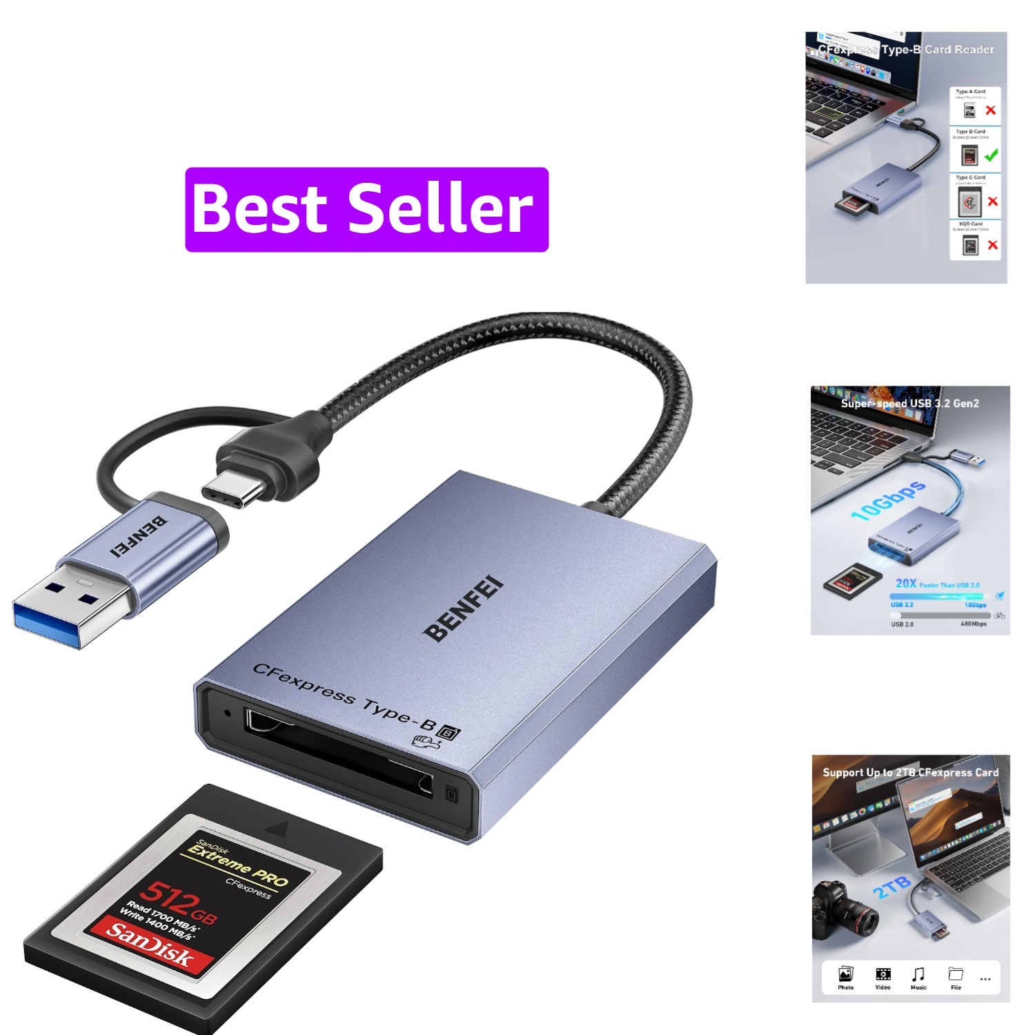 CFexpress Type B Card Reader with USB 3.2 Gen 2 10Gbps, USB-C&USB-A 2-in-1 Ty...