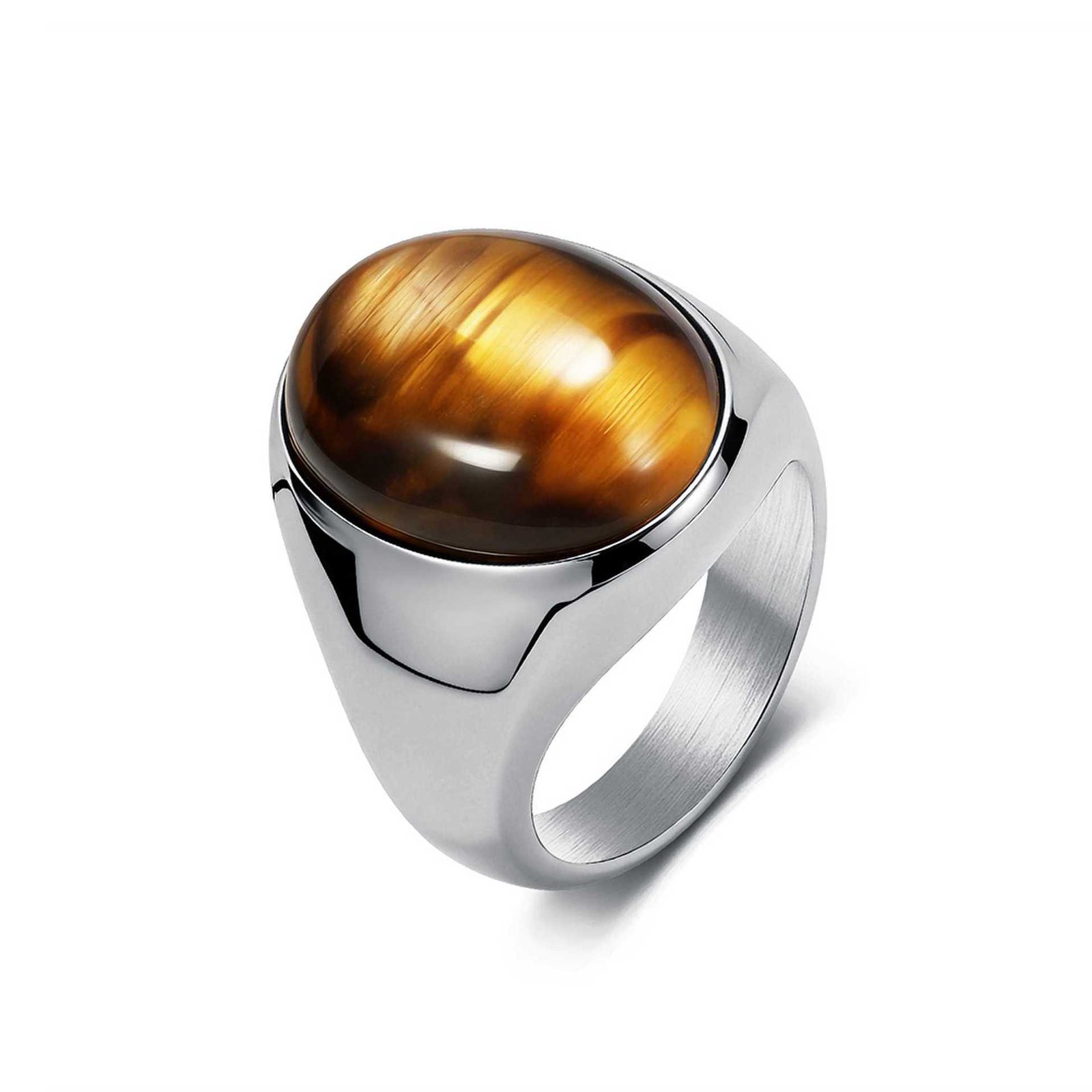 Mens Stainless Steel Oval Natural Tiger Eye Stone Ring Band Size #7-13