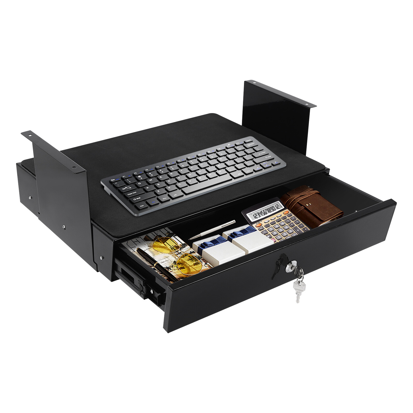 Under Desk Sliding Pull-Out Drawer With Computer Pad & Lock Black