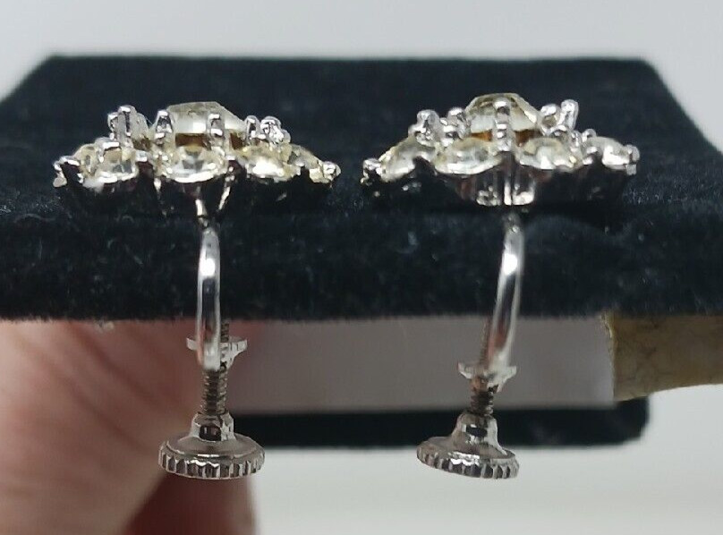 Clear Rhinestone Earrings Vintage Silver Tone Screw Backs #G6