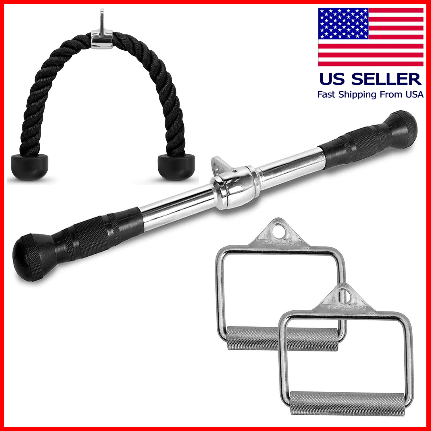 Tricep Press Down Cable D Machine Attachment V LAT Pulldown Gym 4pc Bundle