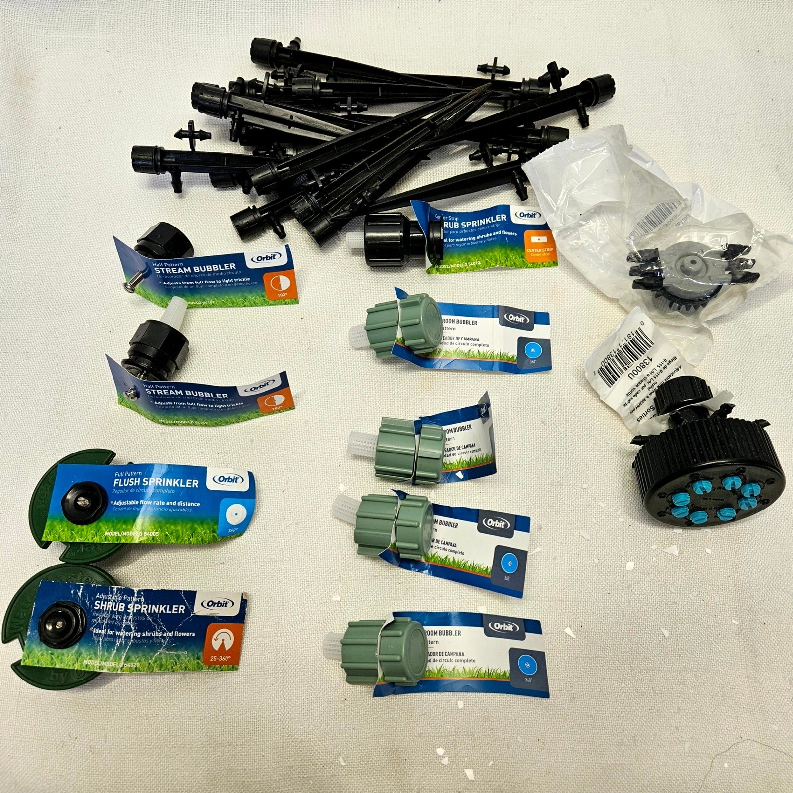 Orbit Rain Bird Drip Irrigation Lot Manifold Bubblers Sprinkler Heads Stakes
