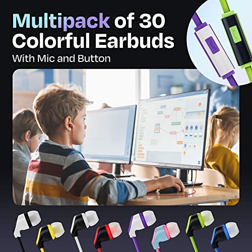 30x Multipack—Bulk Earbuds with Microphone—For Schools, Classroom
