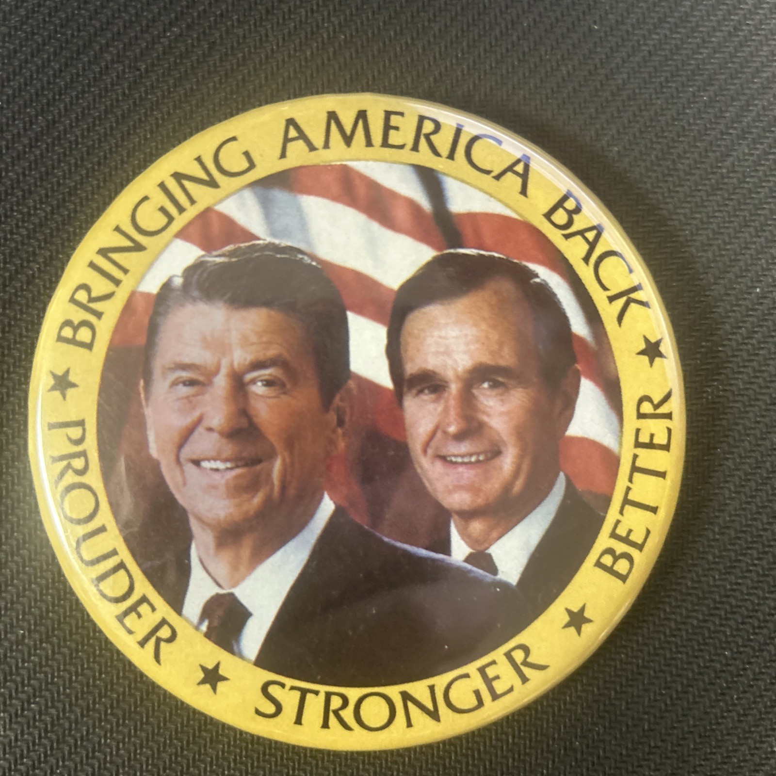 Bringing America Back Reagan Bush jugate  3 1/2” pinback button pin