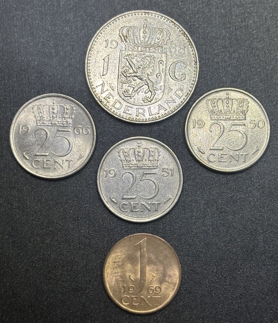 Netherlands Queen Juliana Cents & Gulden Lot of 5 Vintage World Coins AU
