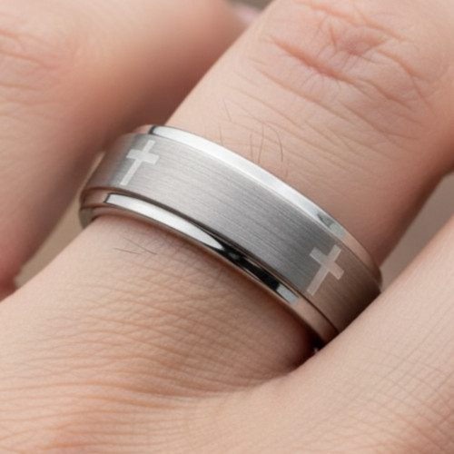 7mm Tungsten Carbide Ring – Matte Brushed Band with Laser-Etched Cross Design