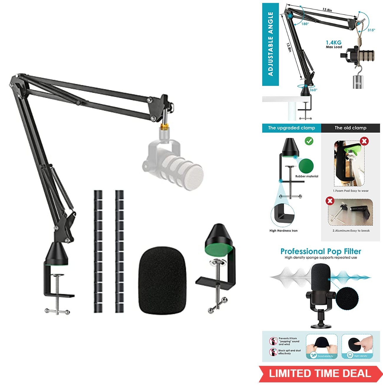 Microphone Boom Arm Desk Mount Steel Clamp 360 Rotation Foam Cover Cable Sleeve