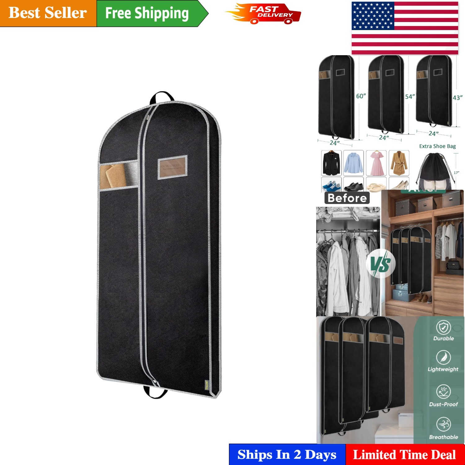 Lightweight 43-Inch Garment Bag with Zipper and Transparent Window for Travel
