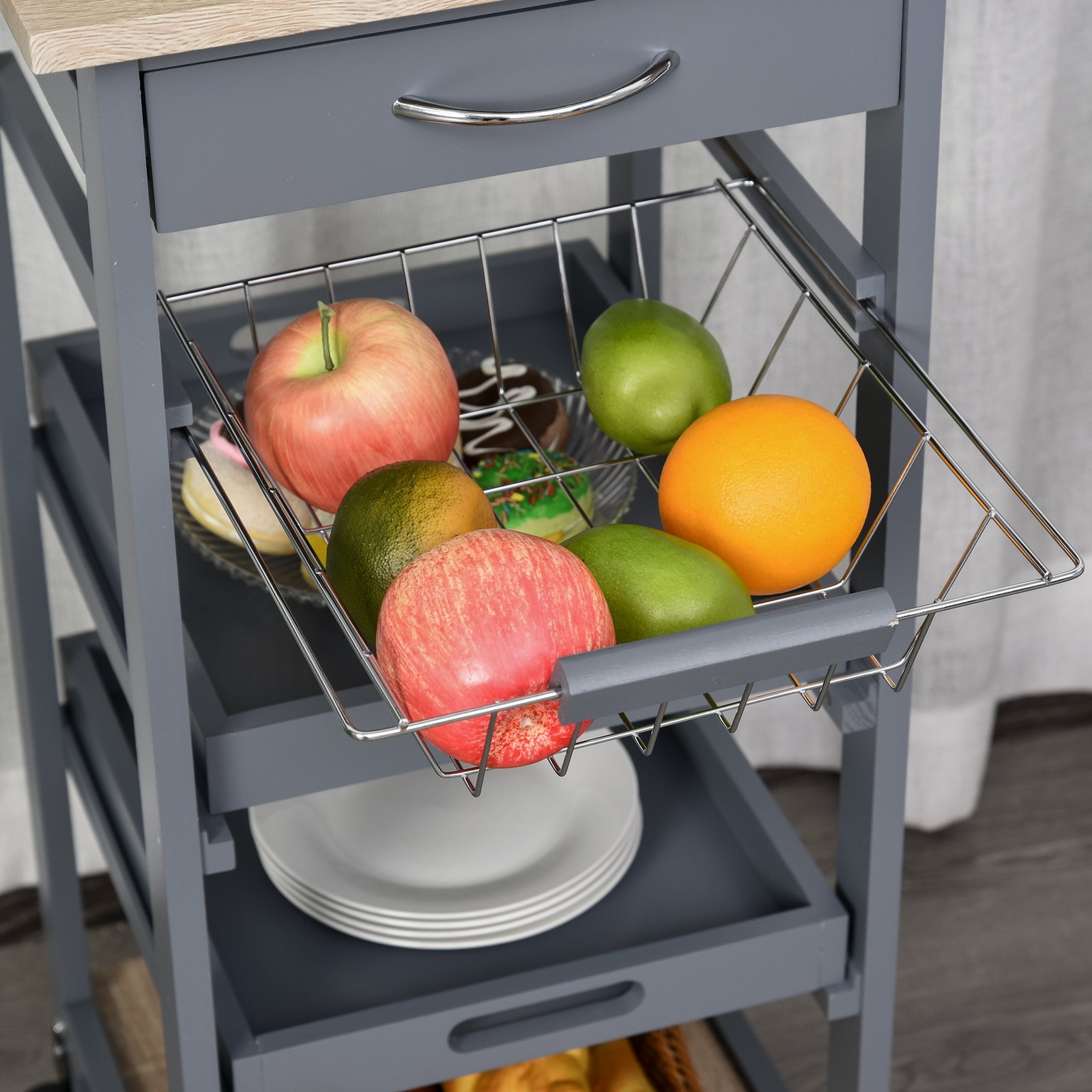 Rolling Kitchen Cart w/ Drawer, Basket, Trays & Solid Wood Frame, Gray