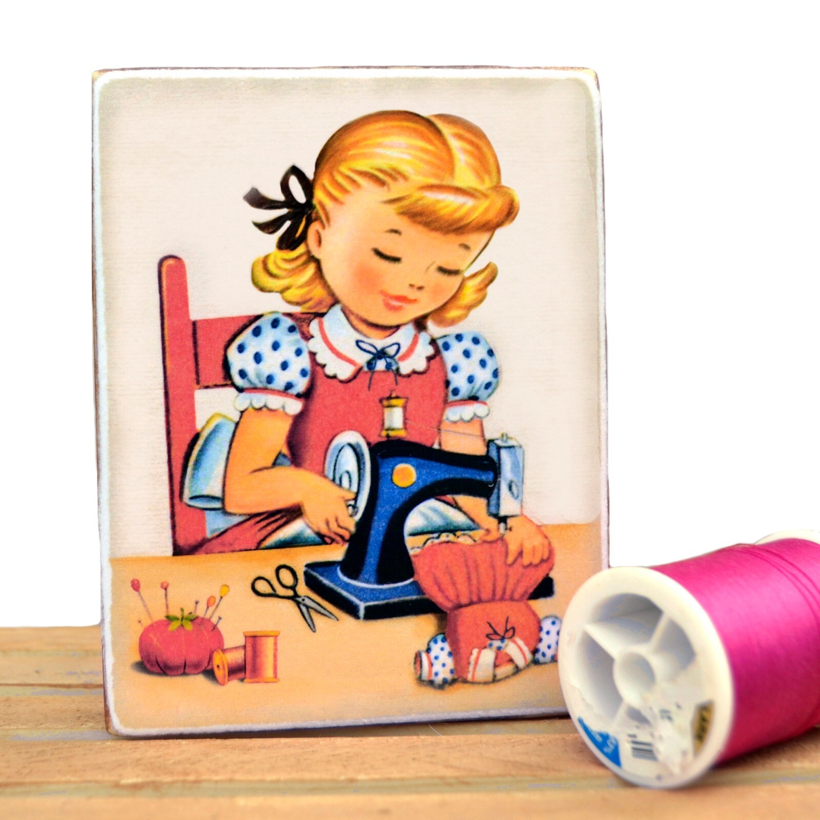 Girl Sewing a doll dress vintage style retro shelf sitter home decor sign WB-115