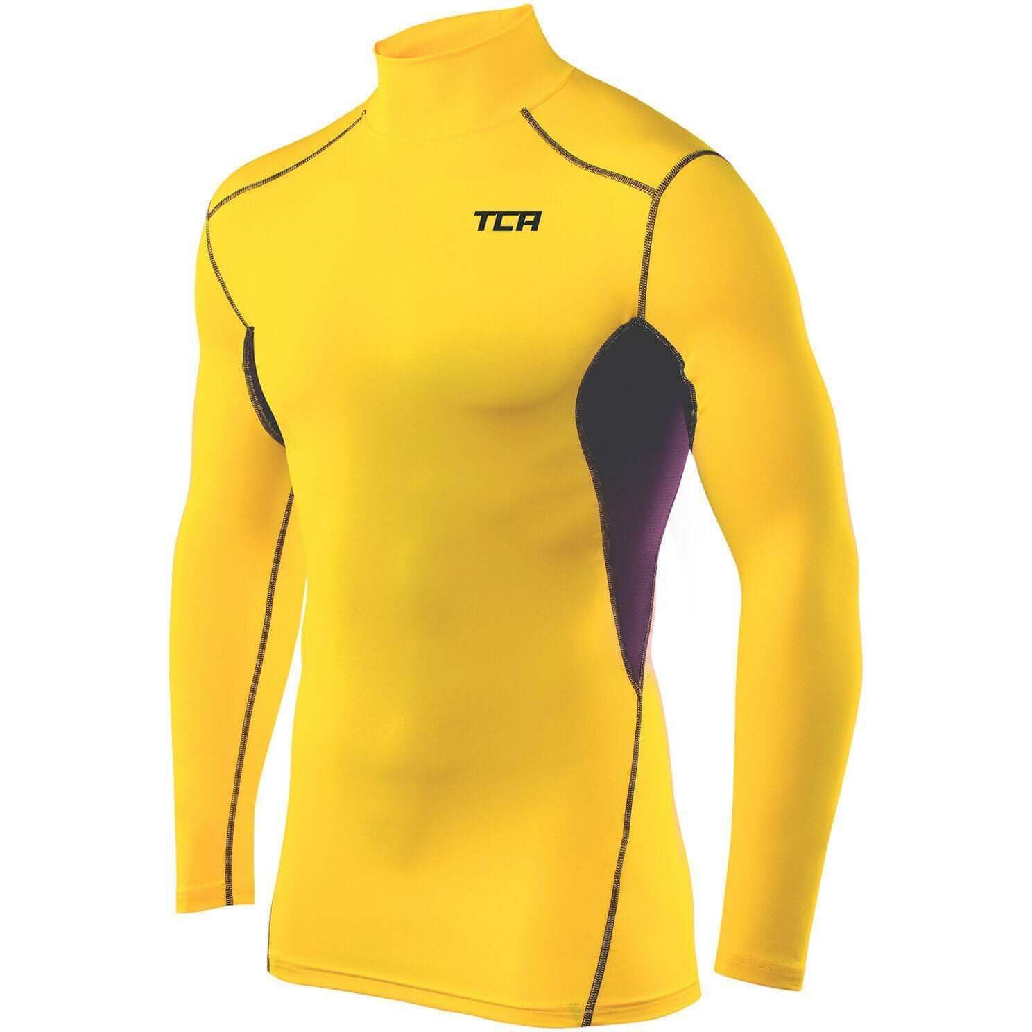 TCA HyperFusion Thermal Mock Neck Mens Compression Top Yellow Long Sleeve Run