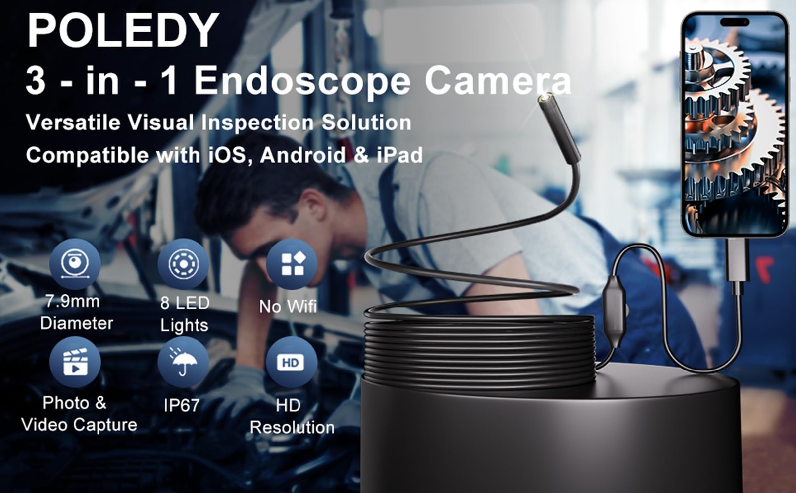 POLEDY Endoscope Camera with Light, 1920P HD Borescope, 8 Adjustable black