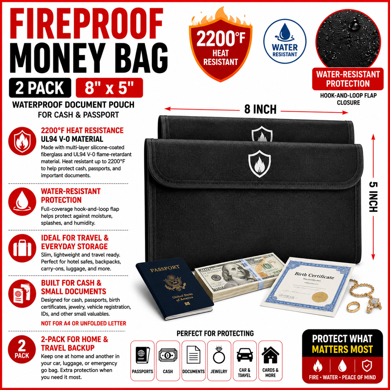 2 Pack Fireproof Money Bags 8x5", Waterproof Zipper Bag for Cash & Valuables