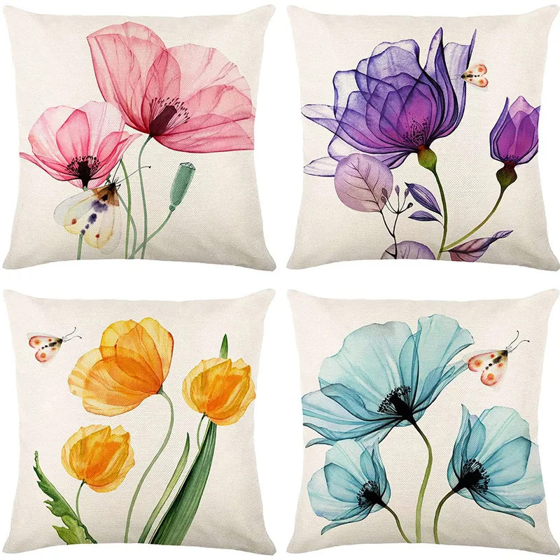 Flowering plants throw pillow covers with digital printing of short plush fabric