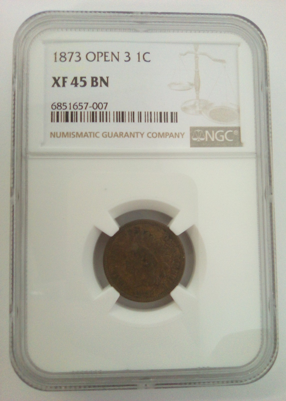 1873 Indian Head Cent 1C Open 3 XF45 BN NGC Certified Better Date