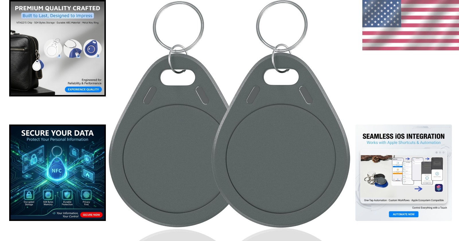 Dual NFC Tags - 504 Bytes Memory, Black Keychains Compatible with iOS/Android