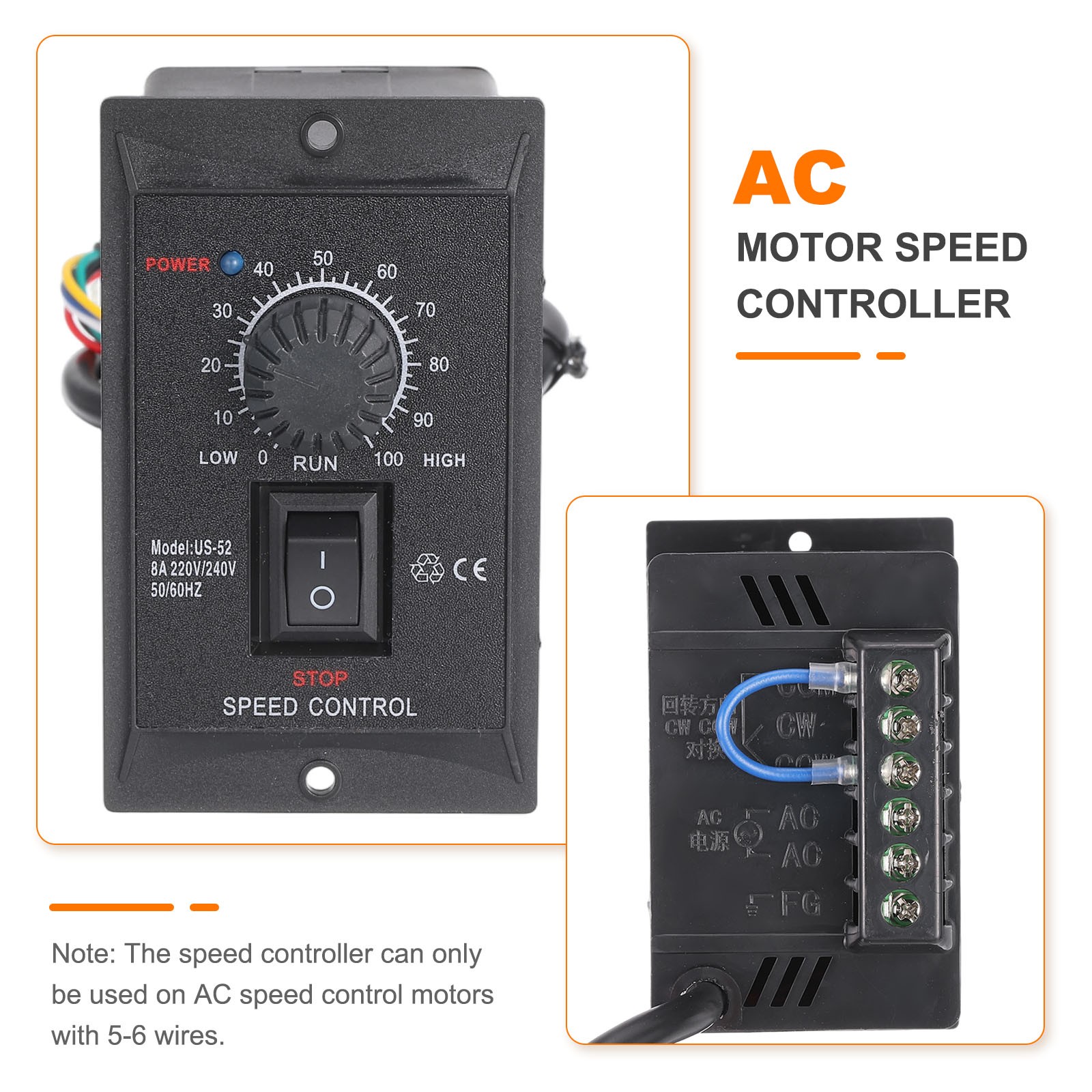 180W AC 220V Motor Speed Controller Forward Reverse w/ B Female Plug