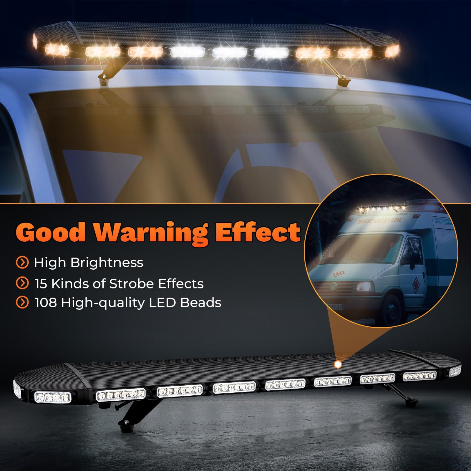 108 LED Strobe Light Bar Emergency Lights 360 Illumination 15 Flash Modes