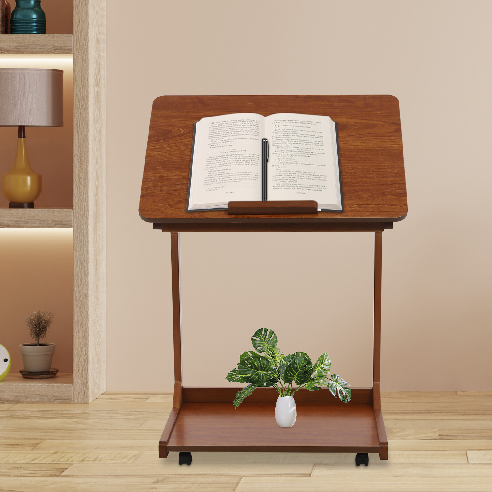 C-Shaped End Table with 4 Wheels, Adjustable Height, Modern Design