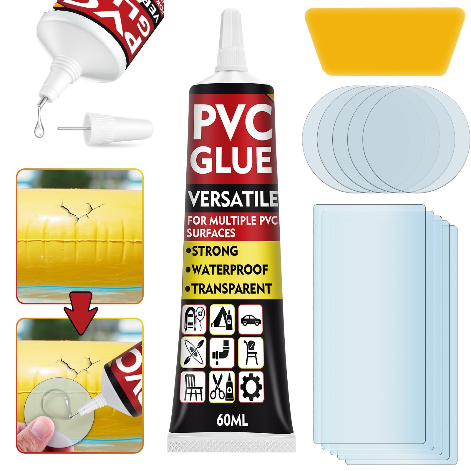 AstraVox Waterproof Air Mattress Patch Repair Kit, 60ml PVC Glue 60g, Clear