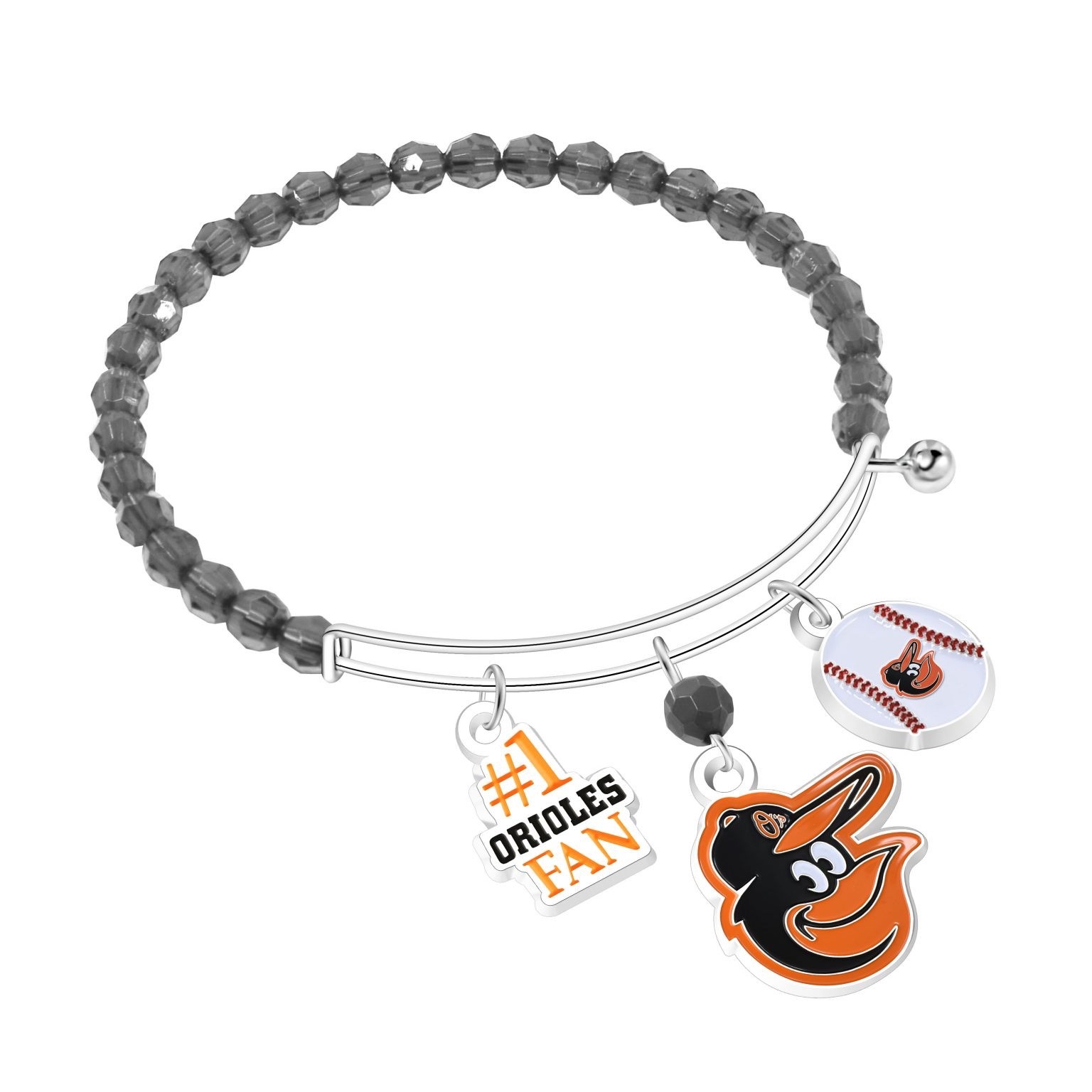 Baltimore Orioles 3-Charm Beaded Bracelet -MLB Licensed- Women's Fashion Jewelry