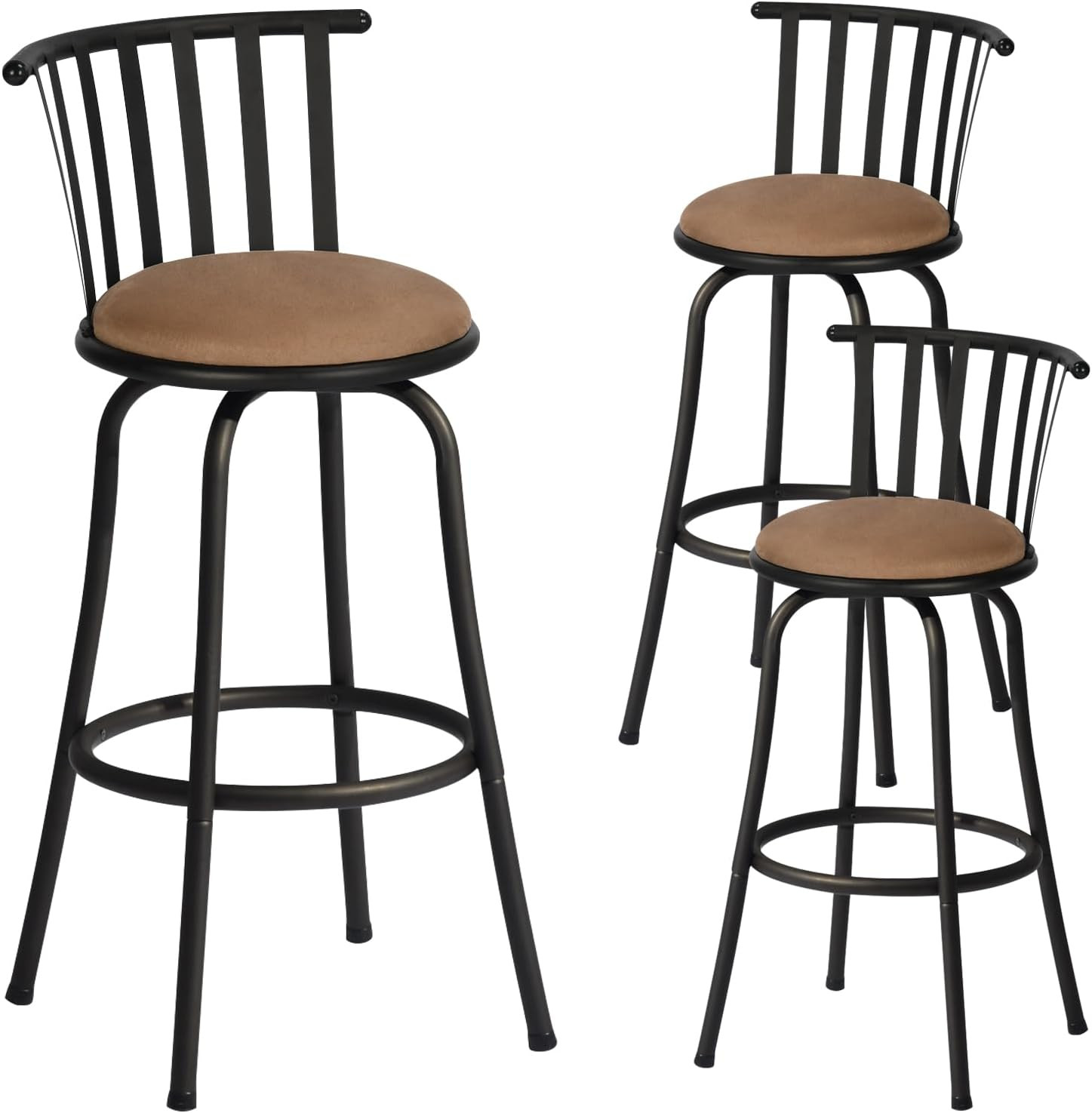 Classic Barstools Set of 3, Country Style Bar Chairs with Back and Footrest Swiv