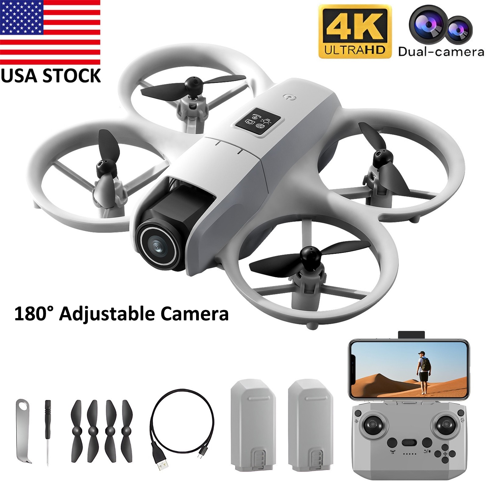 Mini RC Drone 4K Dual Cameras 180° Adjustable Camera Obstacle Avoidance 2Battery