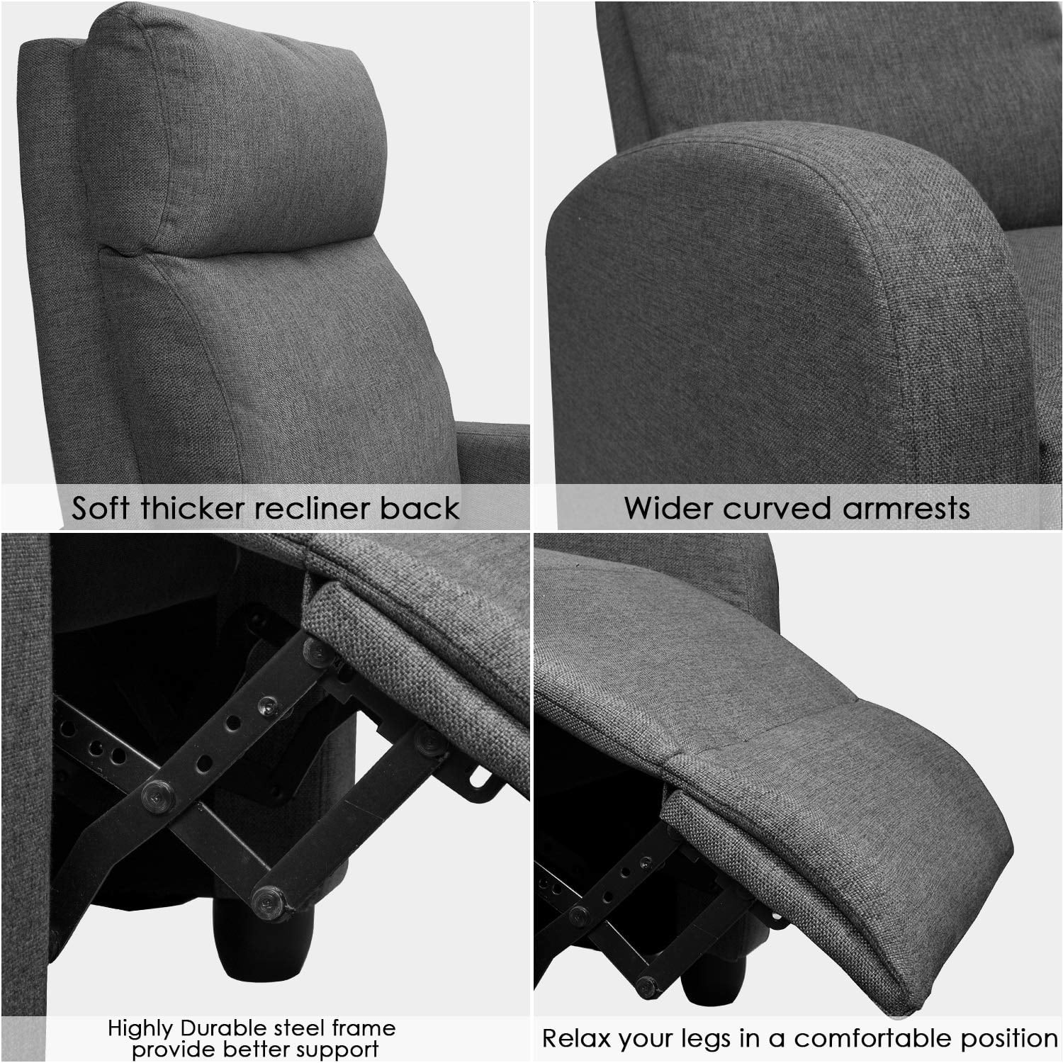 Single Recliner Thick Padded Push Back Recliner Living Room Fabric Grey
