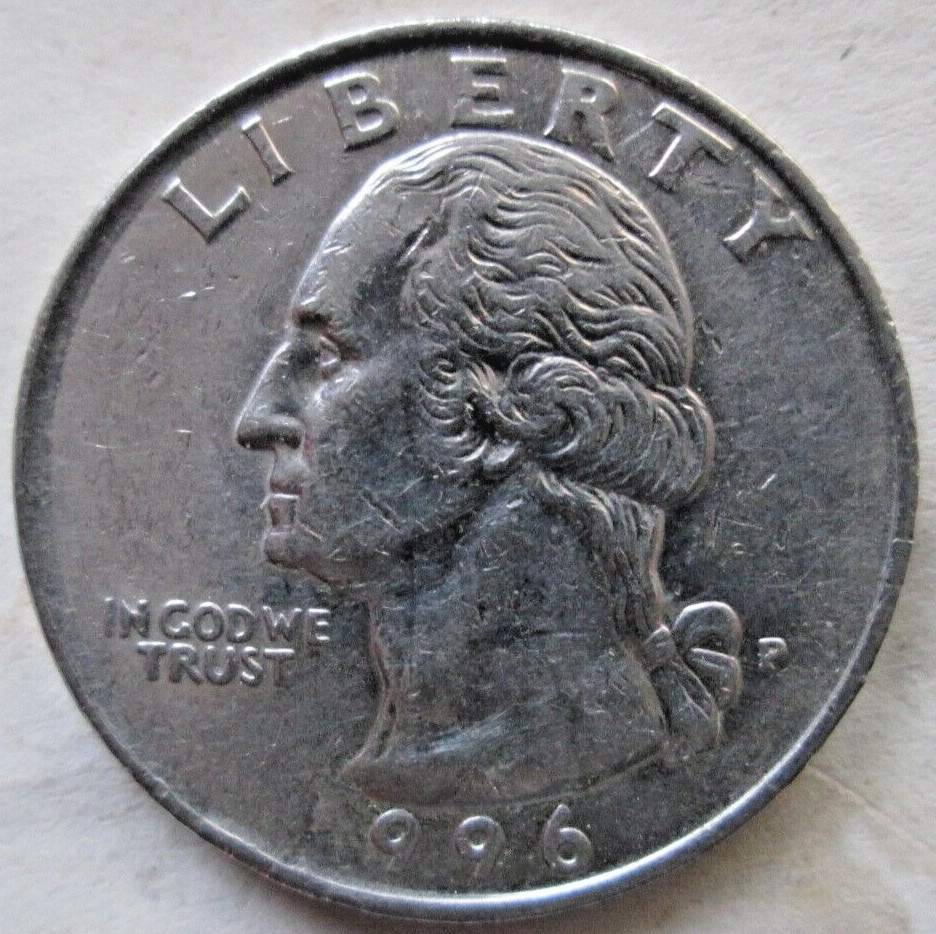 1996-P WASHINGTON CLAD, OBVERSE GREASE STRIKE ERROR AT "1", XF, CIRCULATED