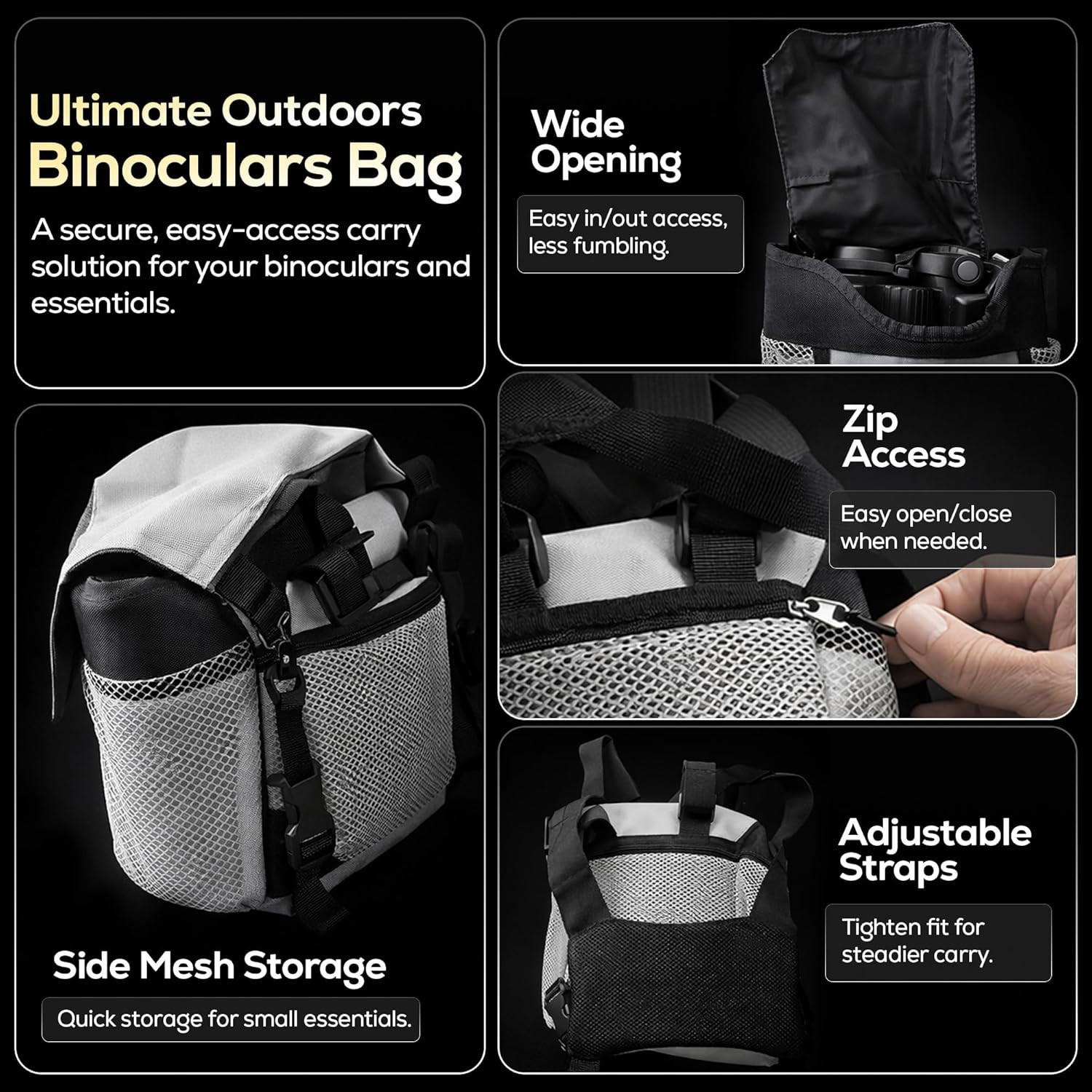 Binocular Harness Bag – Adjustable Chest Pack with Wide Opening, Zip Access, and