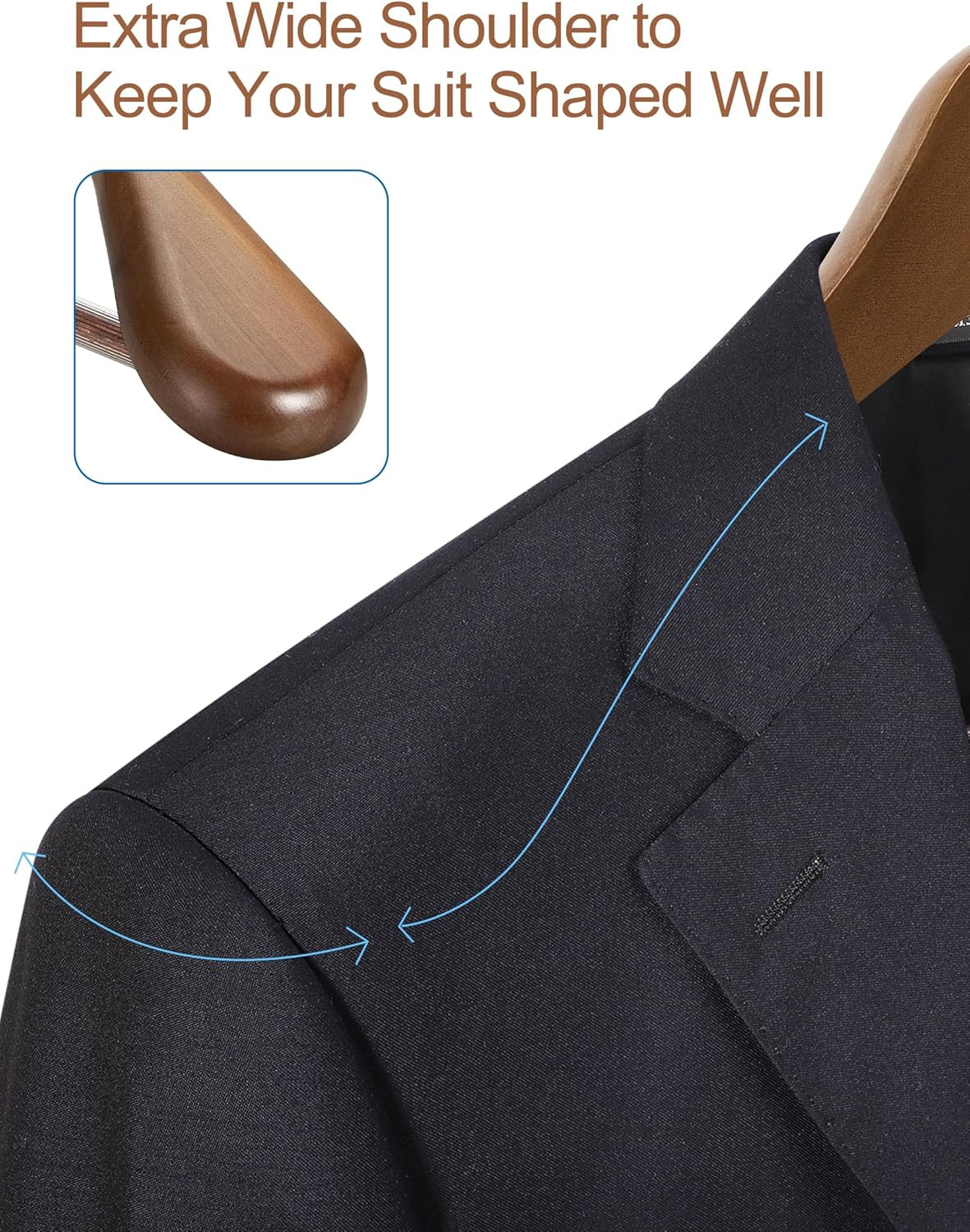 Wide Shoulder Wooden Hangers, Suit Hangers with Non Slip Pants Bar, Smooth Finis