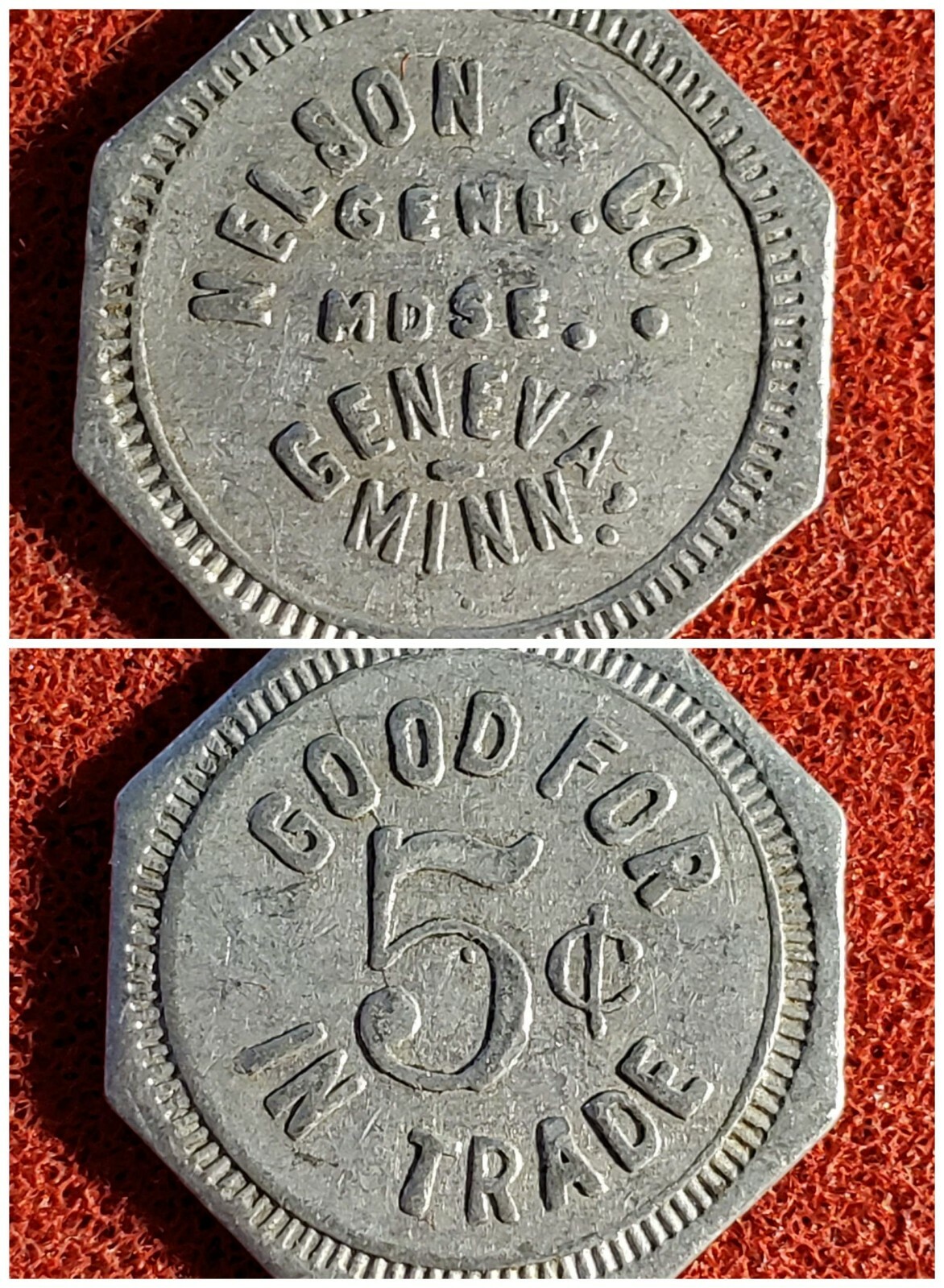 1926 NELSON & CO GENL MDSE GENEVA MN GOOD FOR 5¢ IN TRADE Token TC-141329 t1502