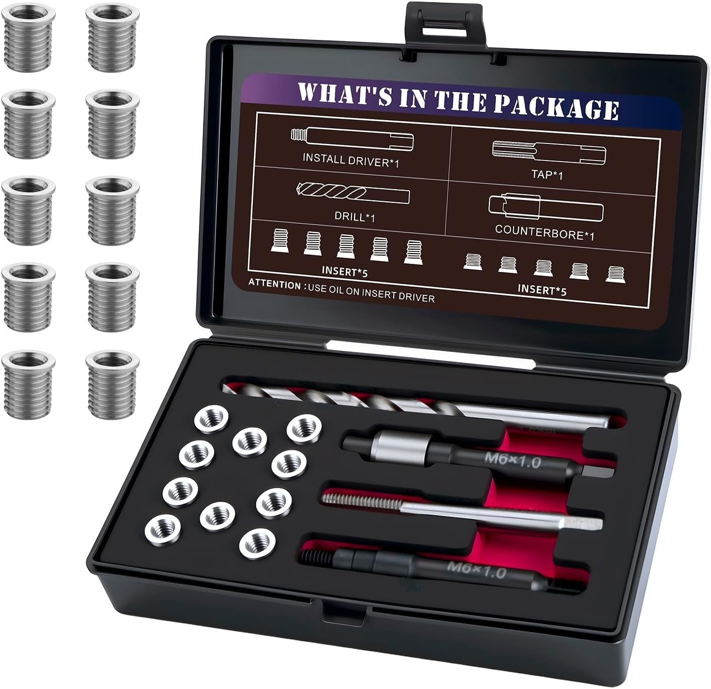 M6X1.0 Thread Repair Kit with 9.4mm Insert HSS Drill, Tap, Installation Driver