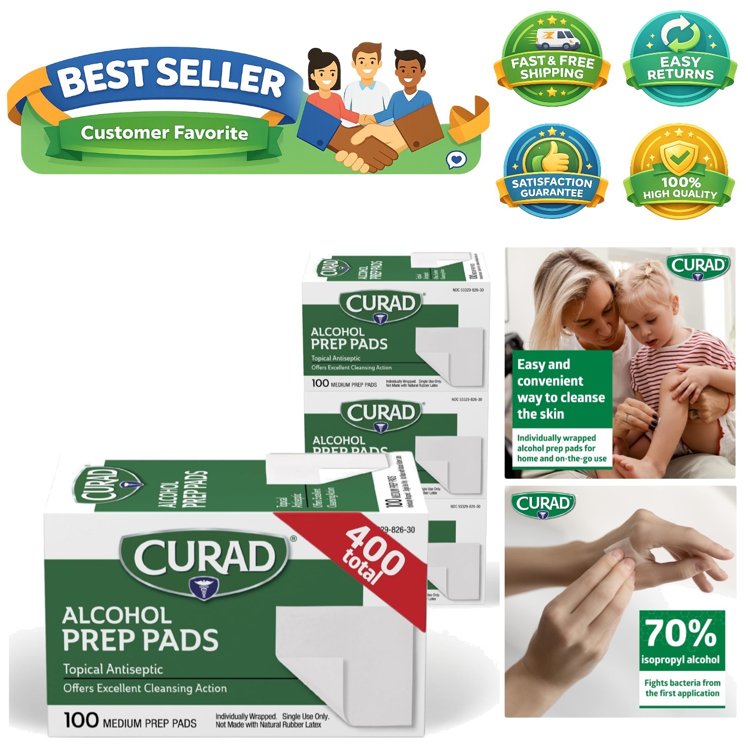 Alcohol Prep Pads Pack of 4 Boxes | 400 Pieces of Medium Isopropyl Wipes Indi...