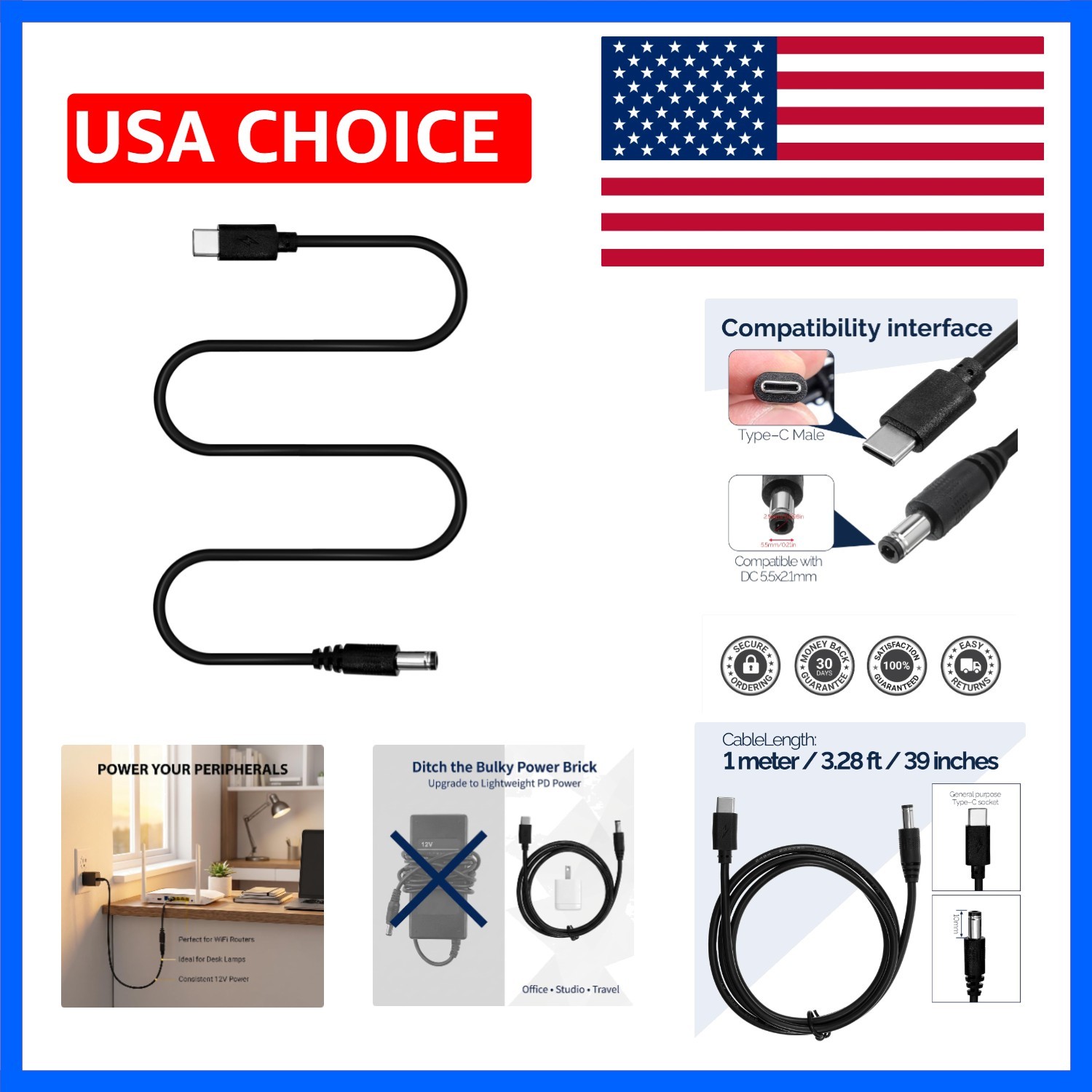 USB C to DC 5.5mm x 2.5mmCompatible with 5.5 x 2.1mm Power Cord, 3.3FT USB Ty...