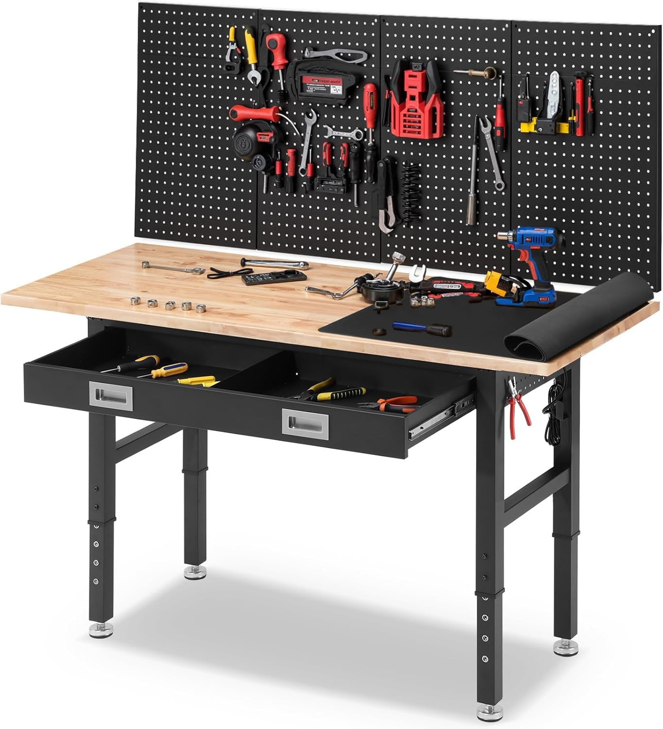 Work Bench for Garage with Drawers 60 X 22 Inch Heavy Duty Rubberwood Tabletop W