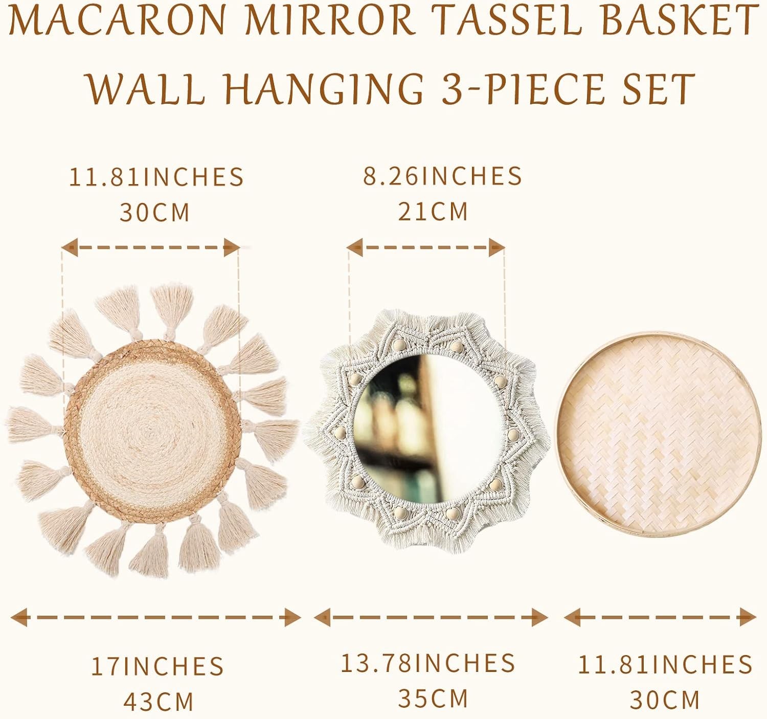 Boho Wall Basket Decor Set - Flat Woven Macrame Tapestry, Mirror White Round Tas