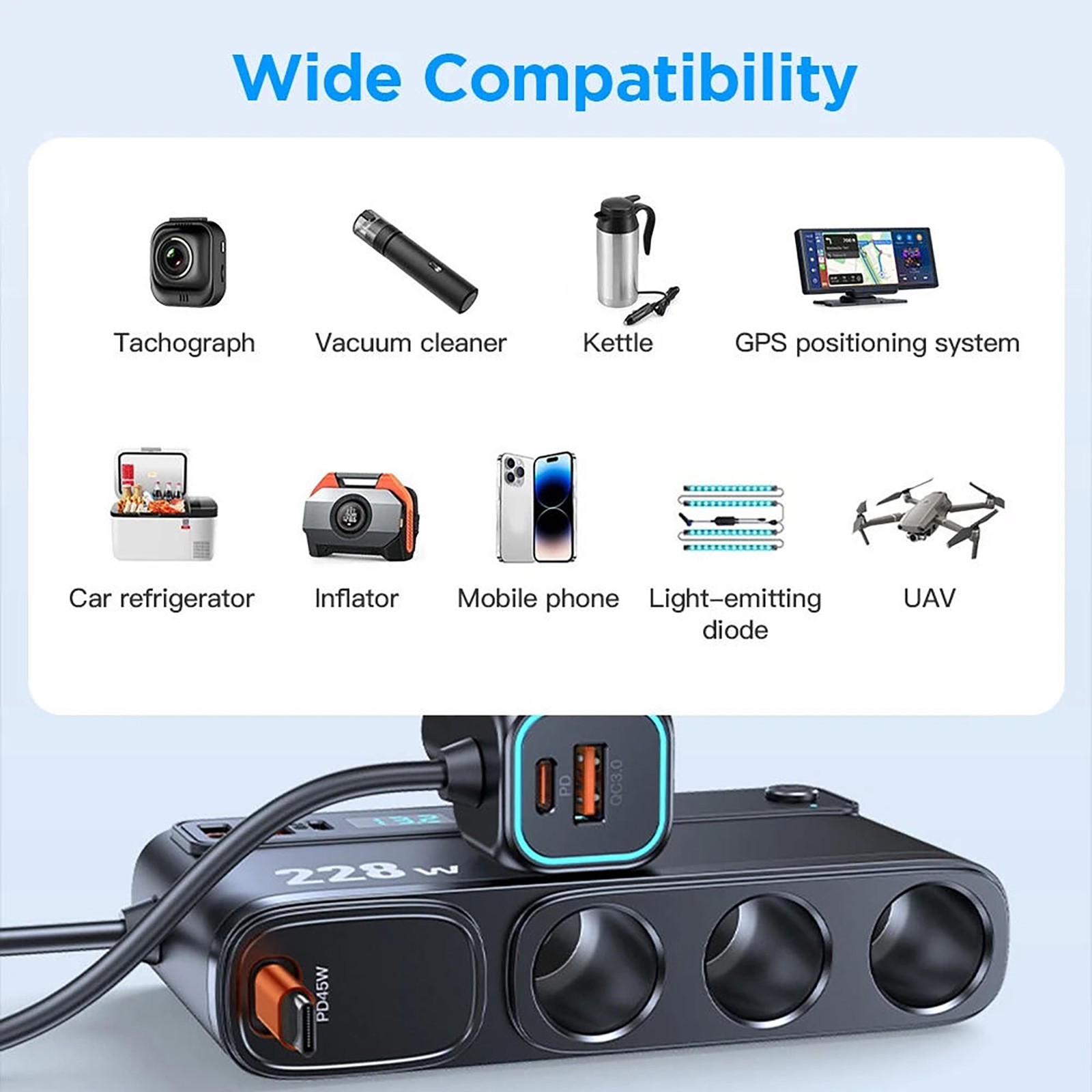 For Truck 9-in-1 Cigarette Lighter Charger 3 Sockets 6 USB Ports 228W Display