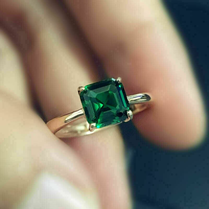 2Ct Lab Created Emerald Solitaire Engagement Ring 14K Yellow Gold Finish