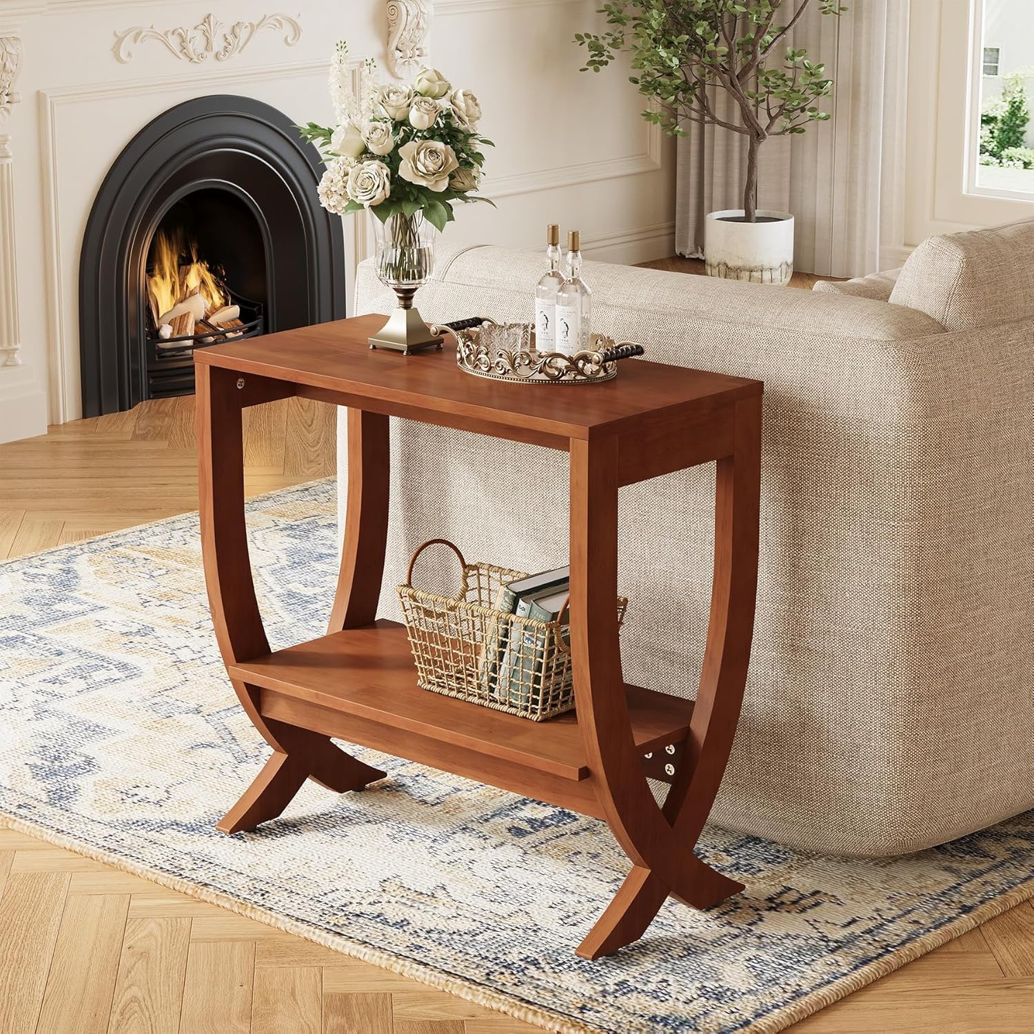 2-Tier Solid Wood End Table Modern Couch Side Table with Storage for Living Room