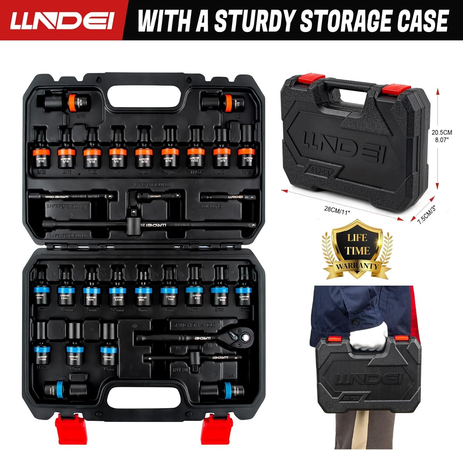 1/4-Inch Drive Swivel Socket Set, 32 Pieces Standard SAE(5/32 to 9/16") Metric