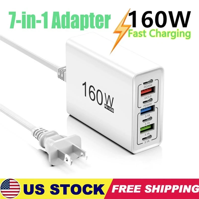 160W 7-Port USB C Fast Wall Charger Block Charging Station for Multiple Devices