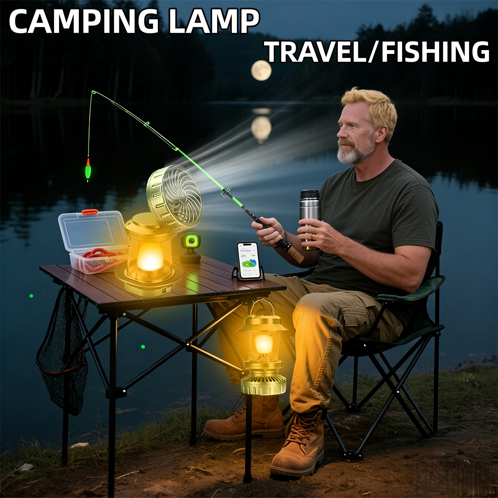 Solar Fan Lantern for Camping, Rechargeable Multi-Functional Light Hook